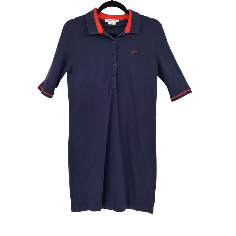Lacoste Blue Red Polo Collar Skater Dress Embroidered Crocodile Women's 38 (M)